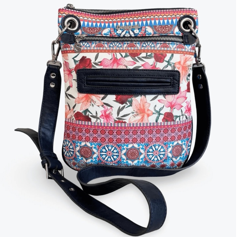 Desigual Floral & Geometric Crossbody Bag in Navy, Pink, Red, Blue